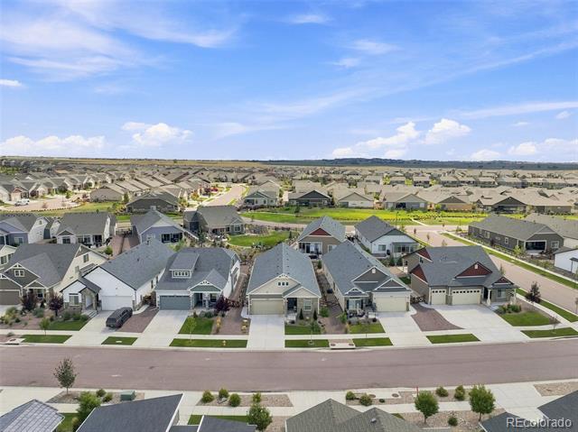 Aerial view of a residential neighborhood with rows of detached homes and a street in front.