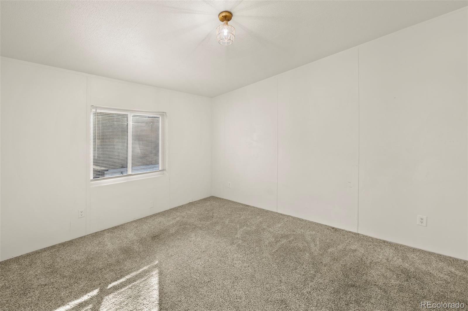 Empty carpeted room with white walls, a window with blinds, and sunlight on the floor.
