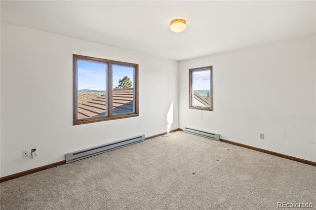 Vacant bedroom with beige carpet, two windows, and baseboard heaters.