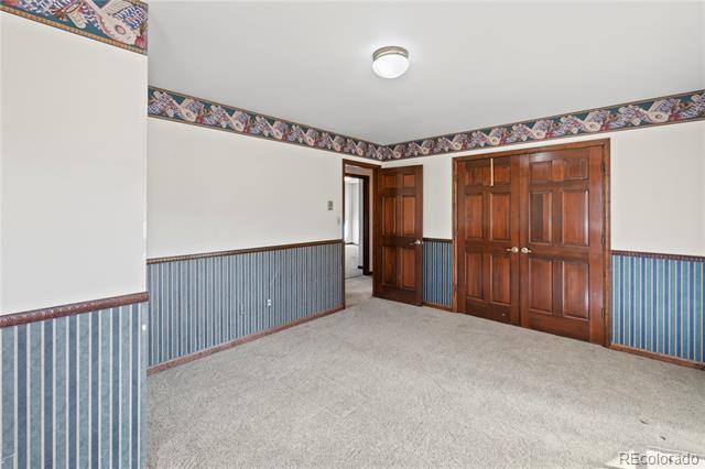 Empty carpeted room with blue striped wainscoting, floral ceiling border, and dark wooden closet doors.