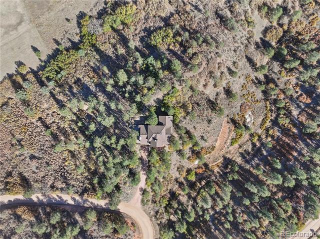 Aerial view of a home amid dense trees, with a winding driveway.