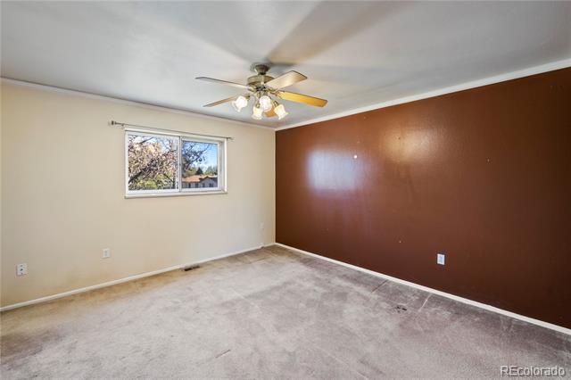 Empty carpeted room with a brown accent wall, small window, and ceiling fan.