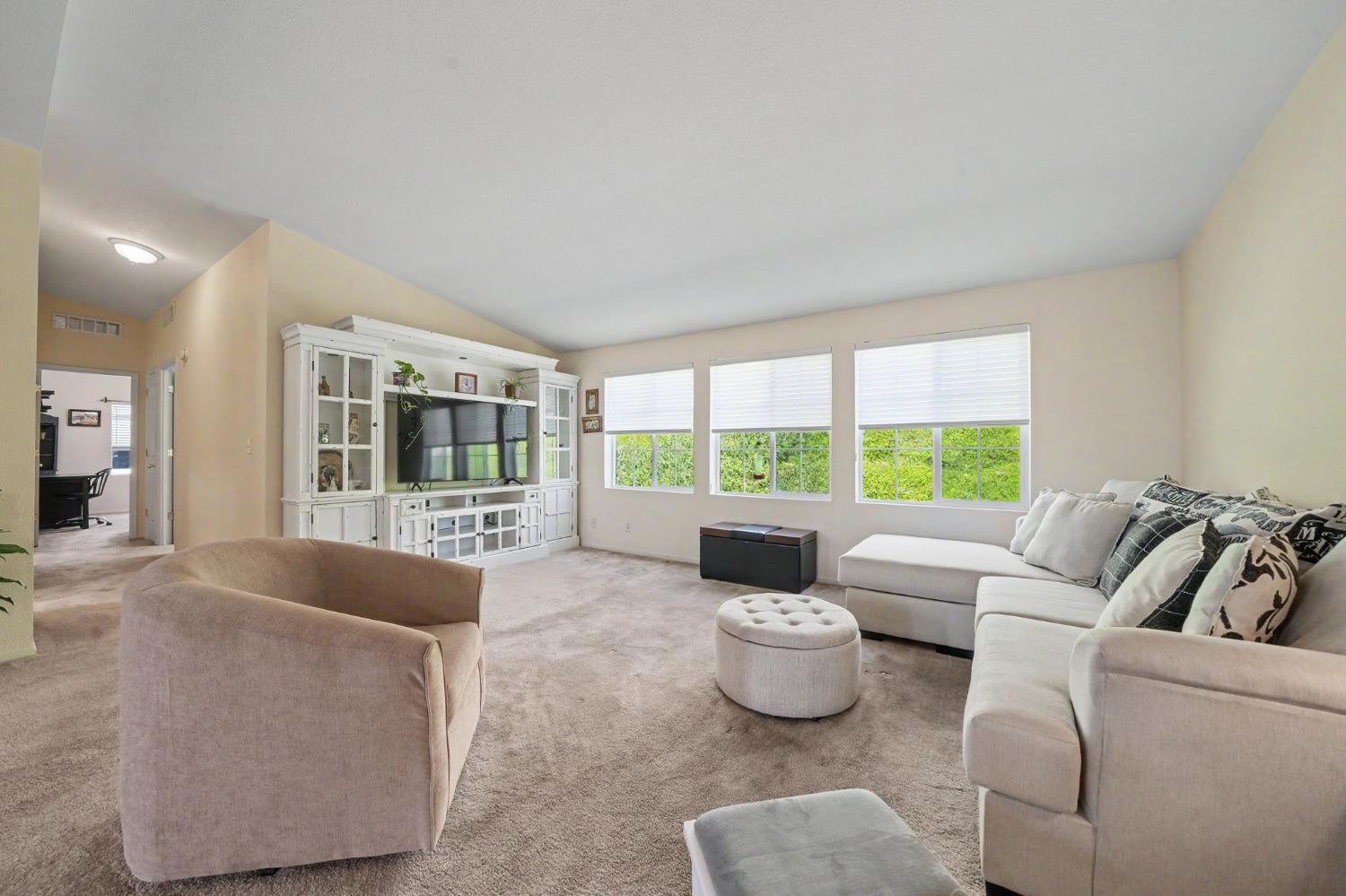 Living room with a white sectional, carpet, built-in entertainment cabinet, and large windows overlooking greenery.