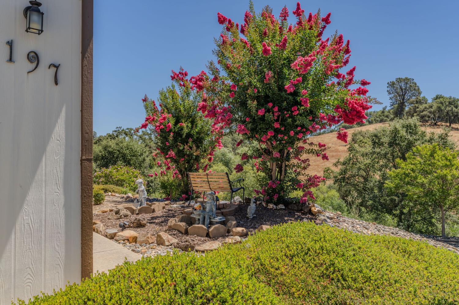Landscaped garden beside the home, with flowering trees, a bench, and a rocky hillside.