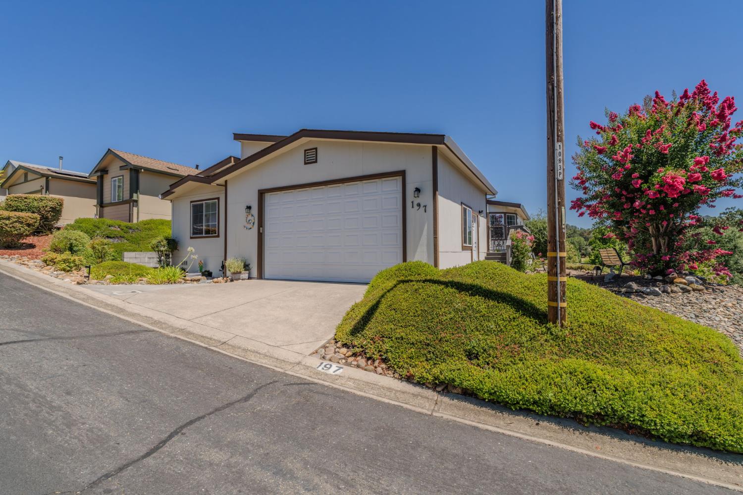 Single-story home with a white garage, landscaped slope, and pink flowering tree.