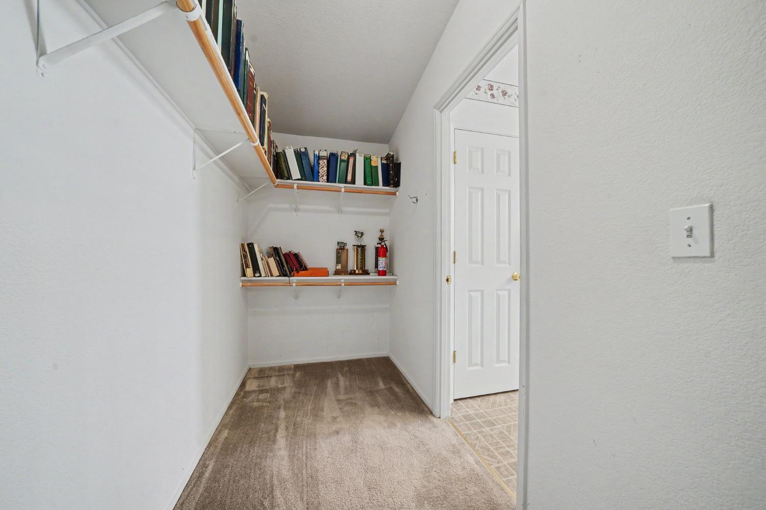 Carpeted storage closet with wall shelves lined with books and a white paneled door.