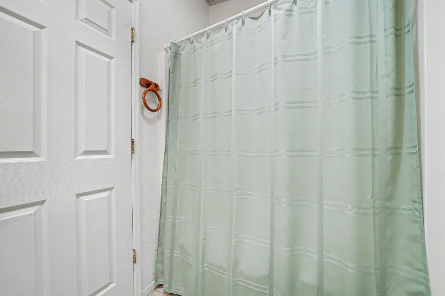 Bathroom with a pale green striped shower curtain beside a white paneled door.