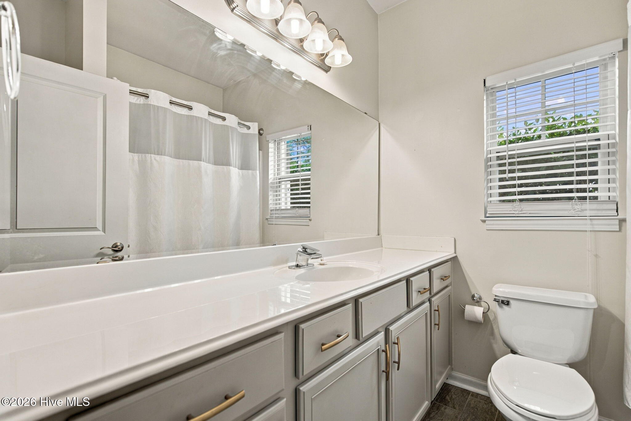 Bathroom with a long white vanity, large mirror, shower curtain, and toilet beside two windows.