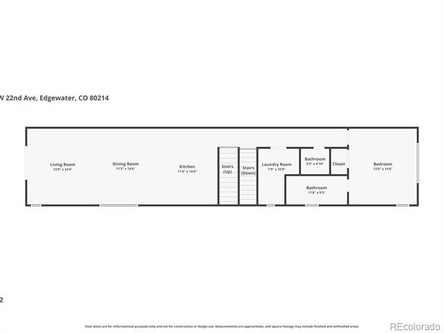 Floor plan showing living and dining rooms, kitchen, bedroom, two bathrooms, laundry room, closet, and stairs.