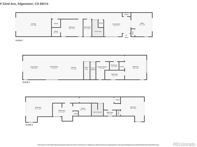 Three-level home floor plan with labeled rooms and stairs.