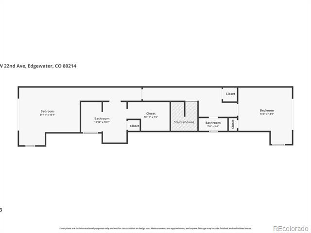 Floor plan with two bedrooms, two bathrooms, closets, and stairs marked down.