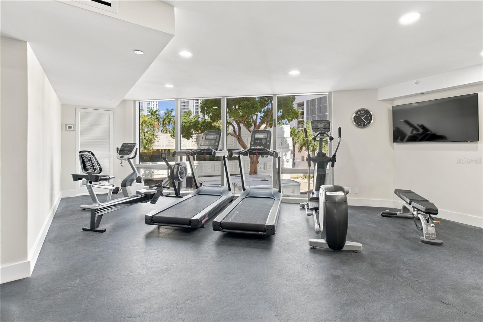 Condominium fitness room with treadmills and exercise bikes beside large windows.