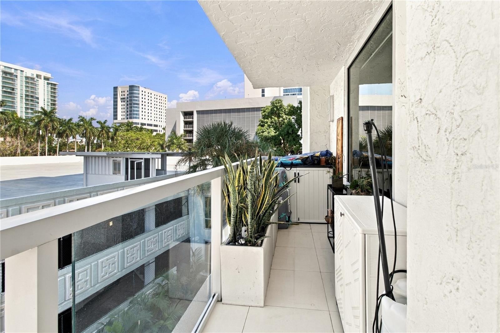 Condo balcony with potted snake plants and glass railing overlooking downtown buildings and palms.