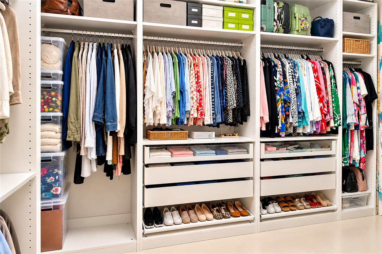 Walk-in closet with built-in shelving, colorful hanging clothes, storage drawers, and shoes.