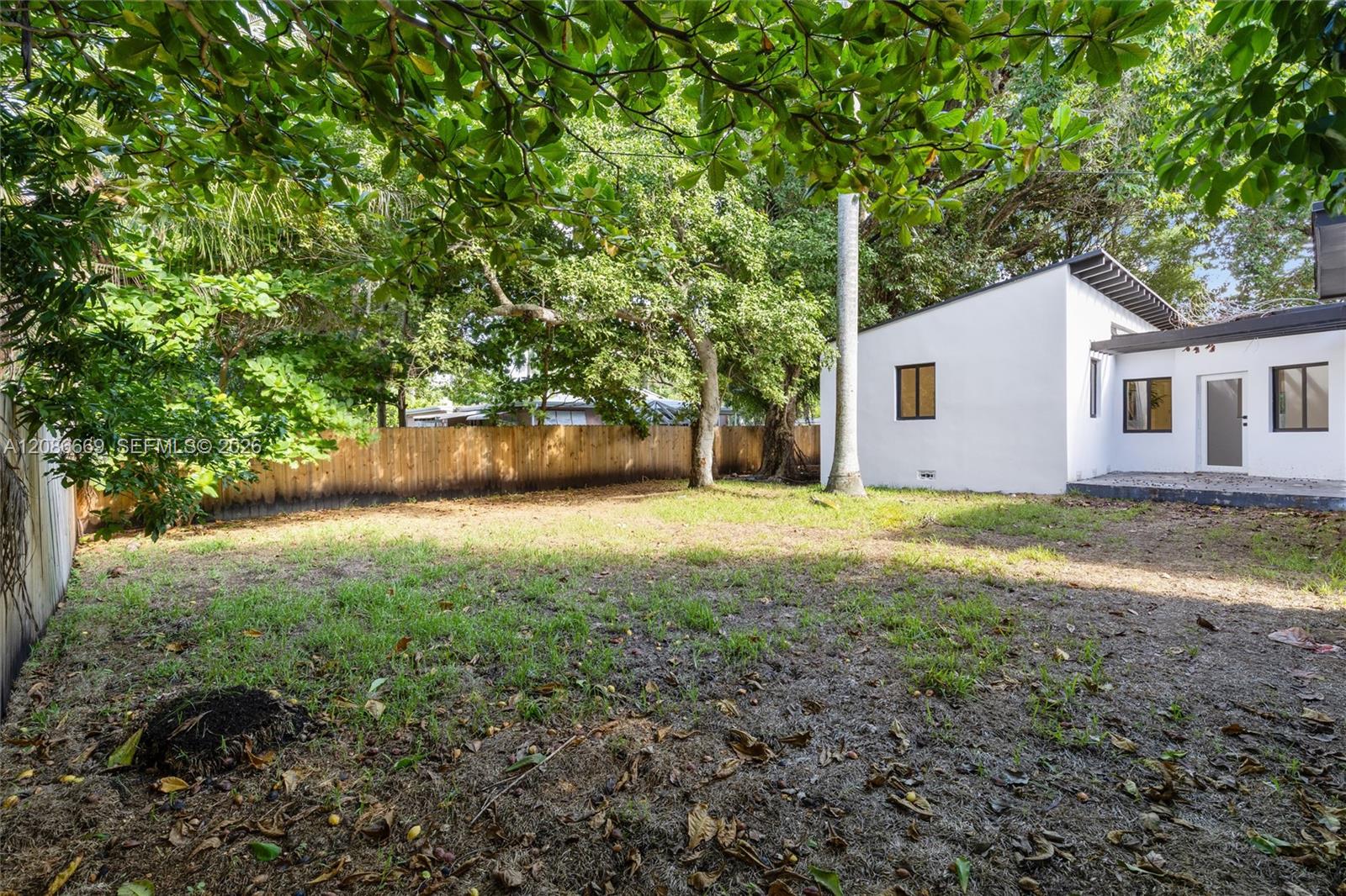Backyard with a patchy lawn, mature trees, wooden fence, and the rear of a modern white house.