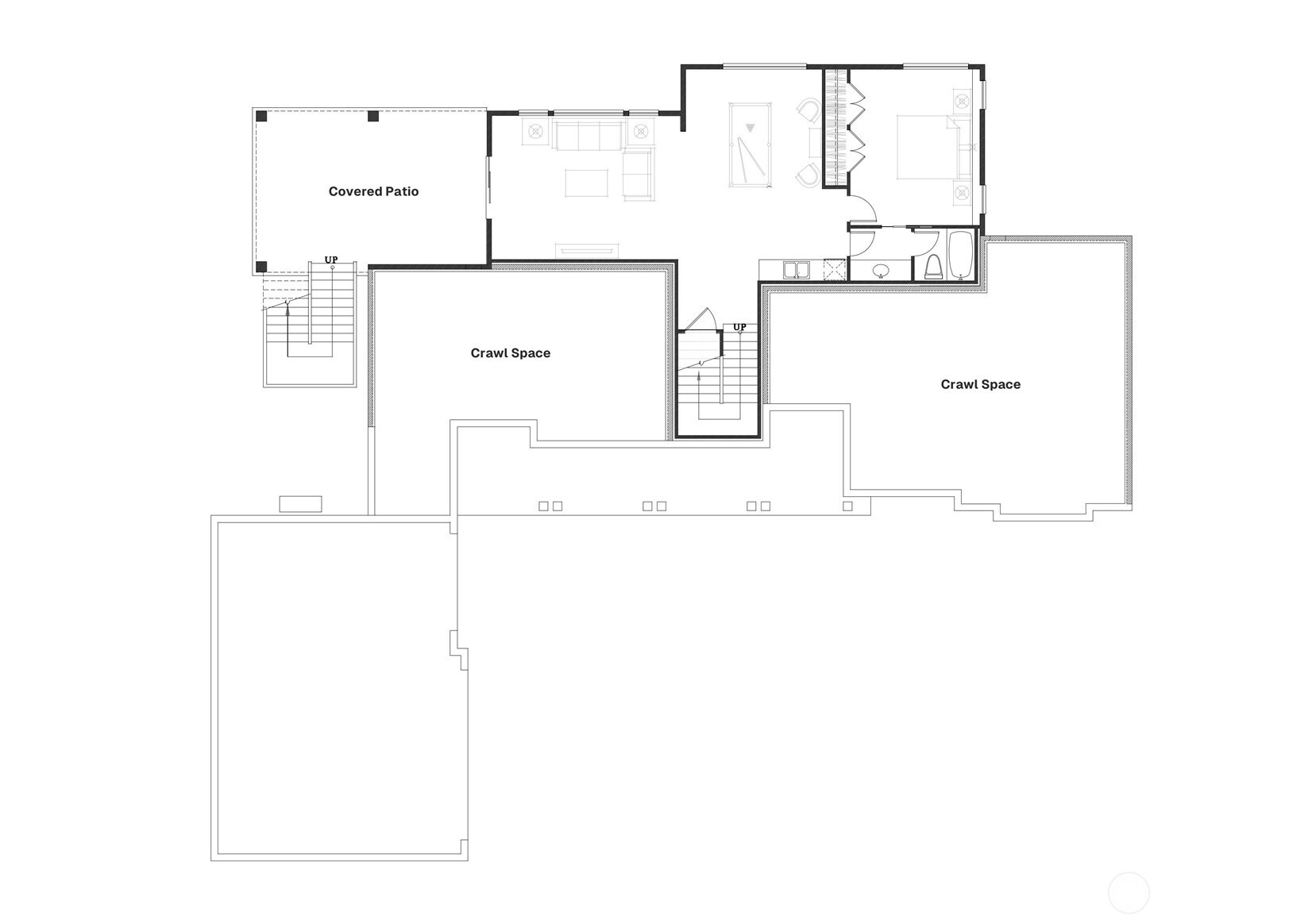 Floor plan showing a covered patio, living and bedroom areas, bathroom, stairs, and two crawl spaces.