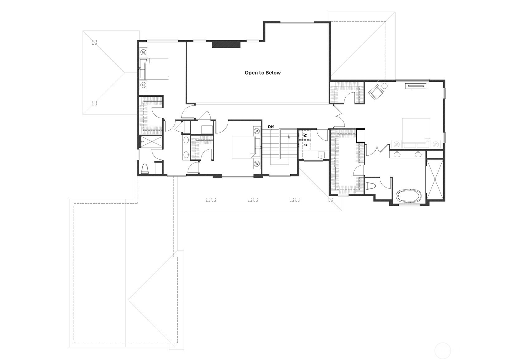 Upper-level floor plan with bedrooms, bathrooms, stairs, and an open-to-below area.