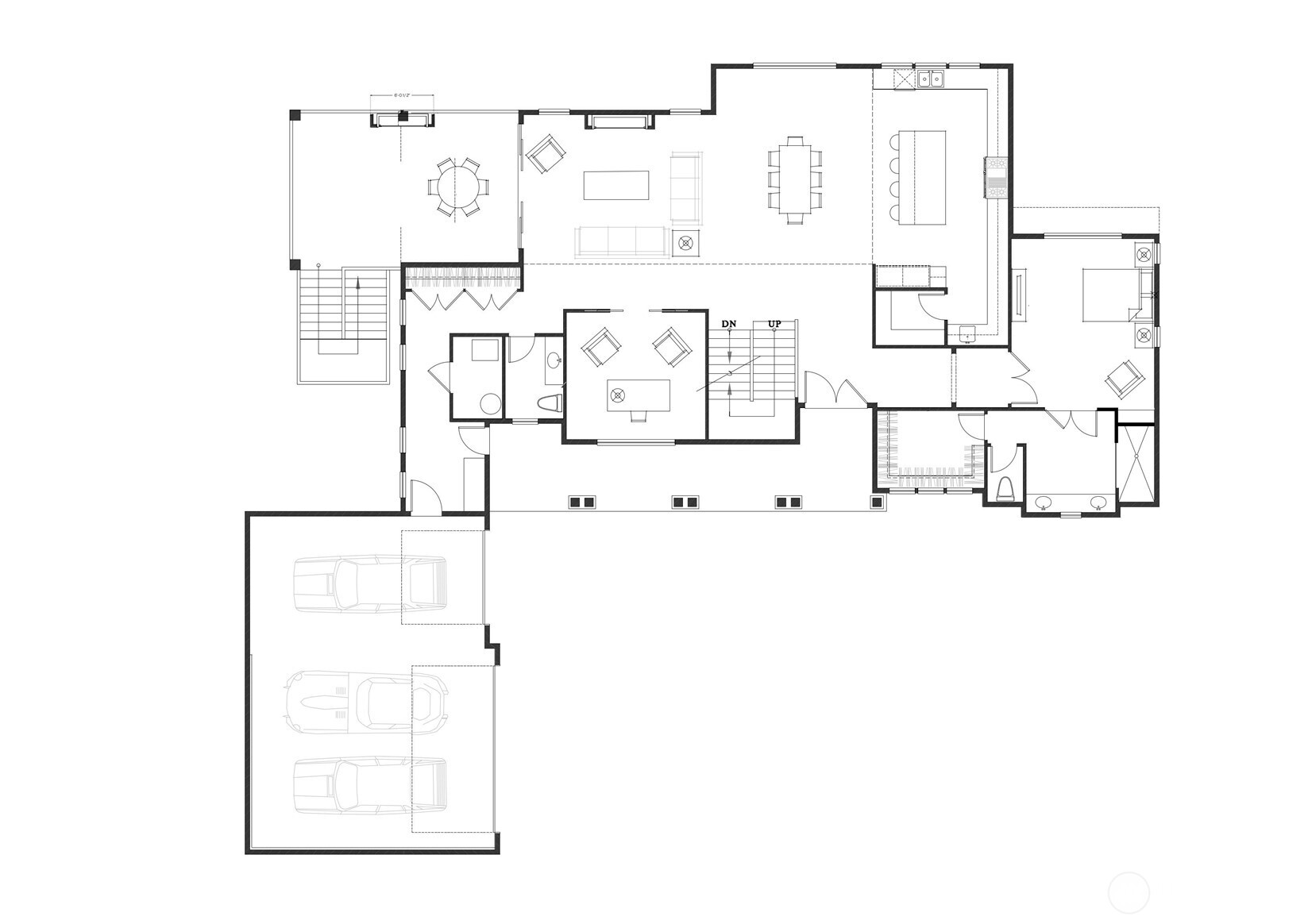 Home floor plan with furnished living areas, kitchen, bedrooms, and a multi-car garage.