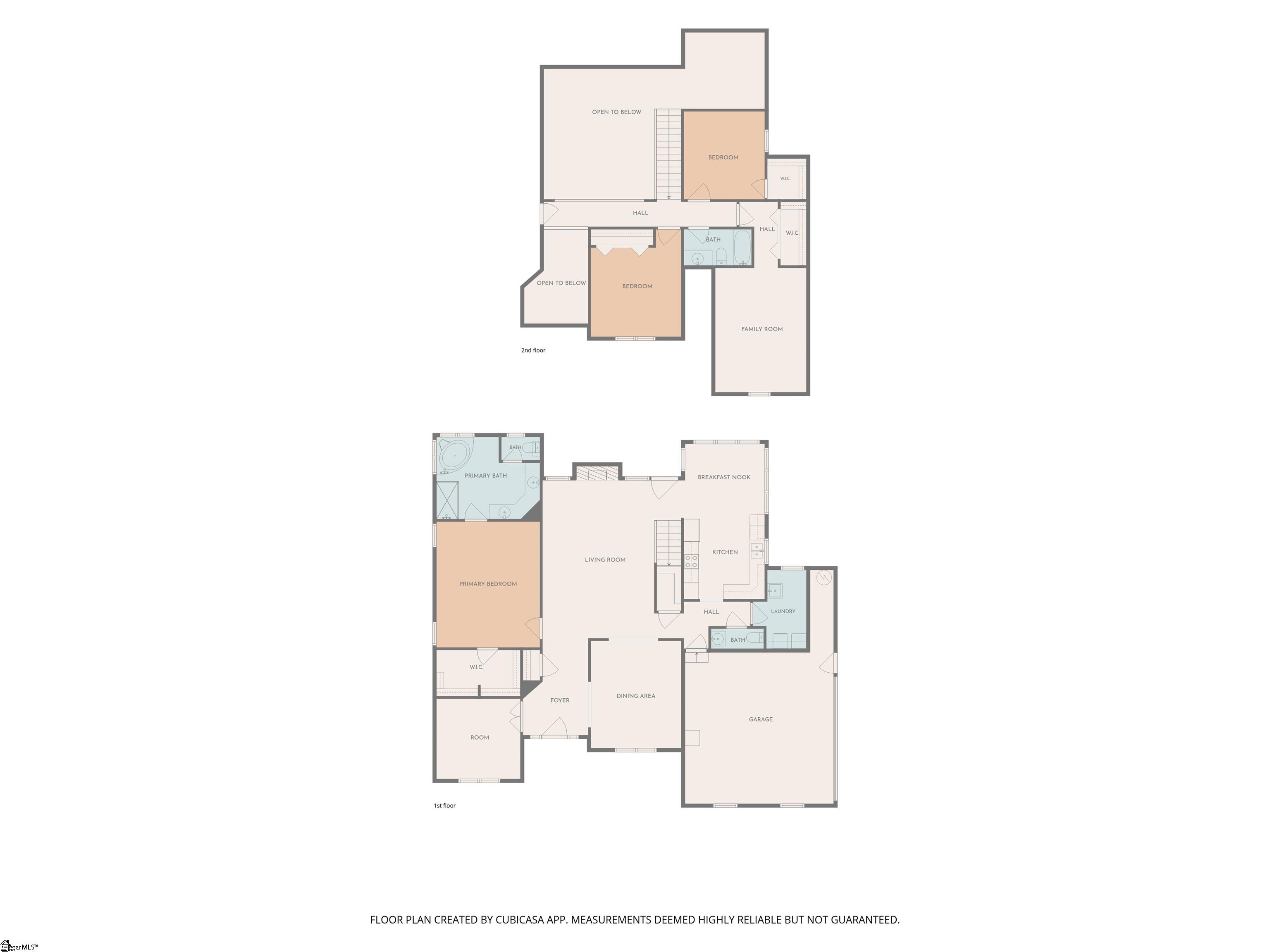 Two-story floor plan with first-floor primary suite, open living and kitchen areas, garage, and upstairs bedrooms and family room.
