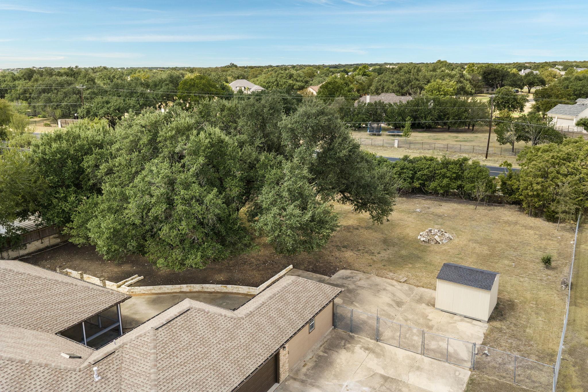 Aerial view of the backyard with mature trees, a fenced lawn, and a detached shed.