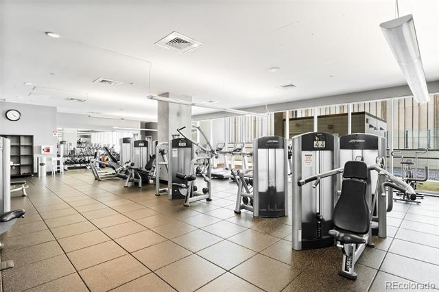 Fitness center with rows of exercise machines and large windows.