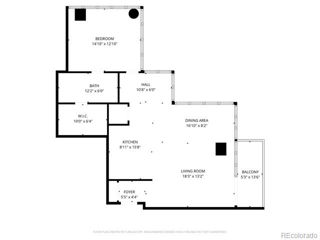 Condo floor plan showing the room layout and dimensions, including a balcony off the living and dining areas.