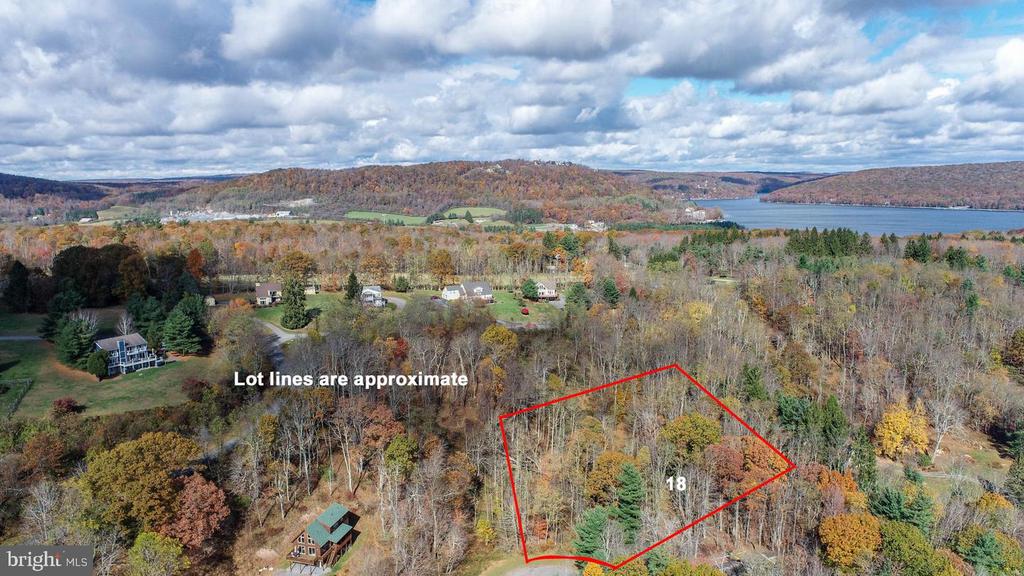 Aerial view of wooded Lot 18 outlined in red, with a lake and homes nearby.