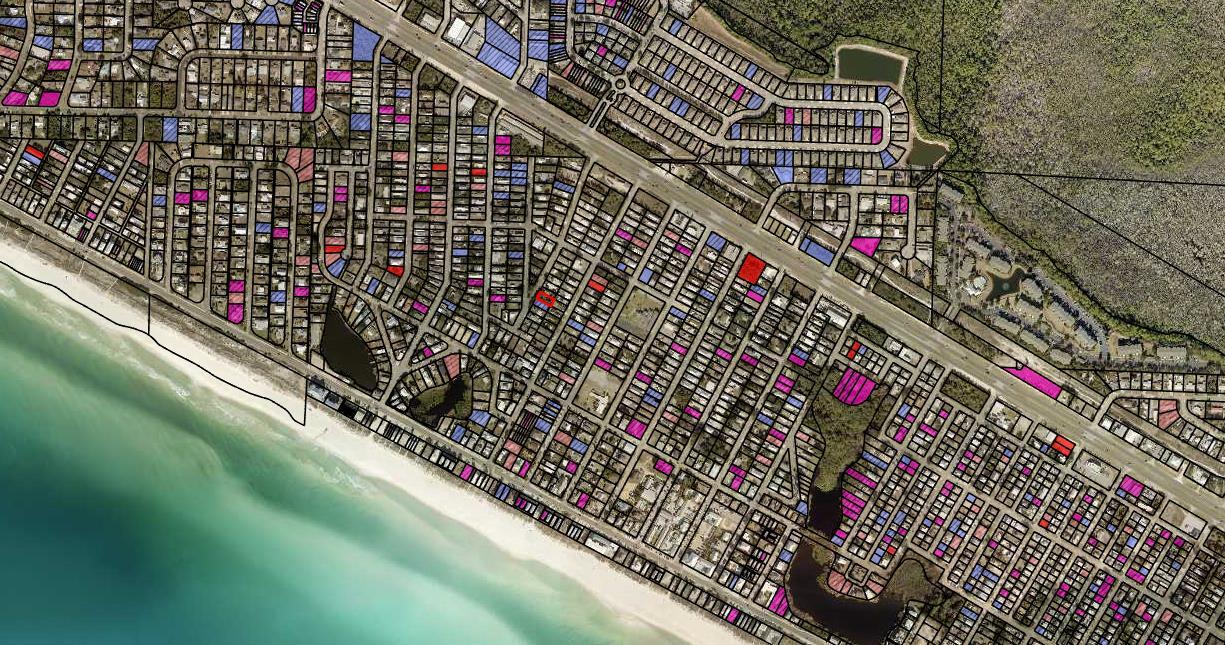 Aerial parcel map showing coastal lots, highlighted parcels, beach, and nearby roads.