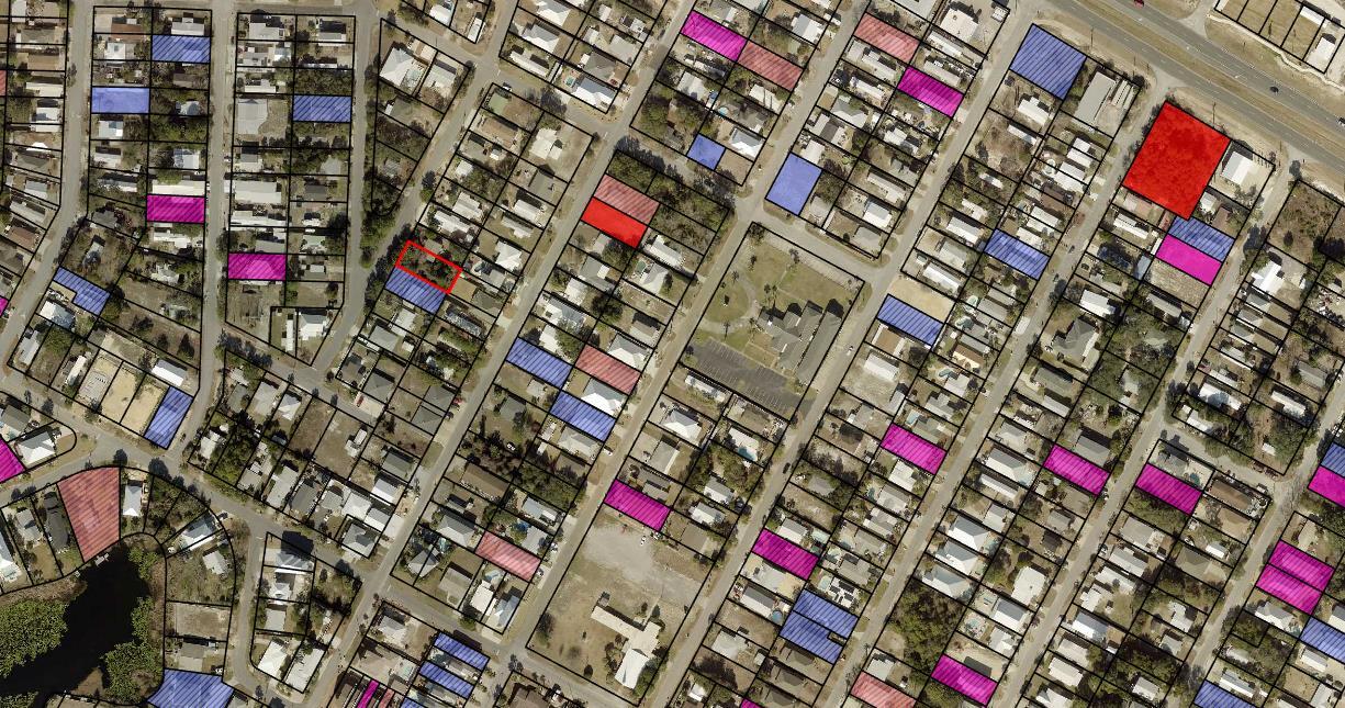 Aerial neighborhood parcel map with one residential lot outlined in red.
