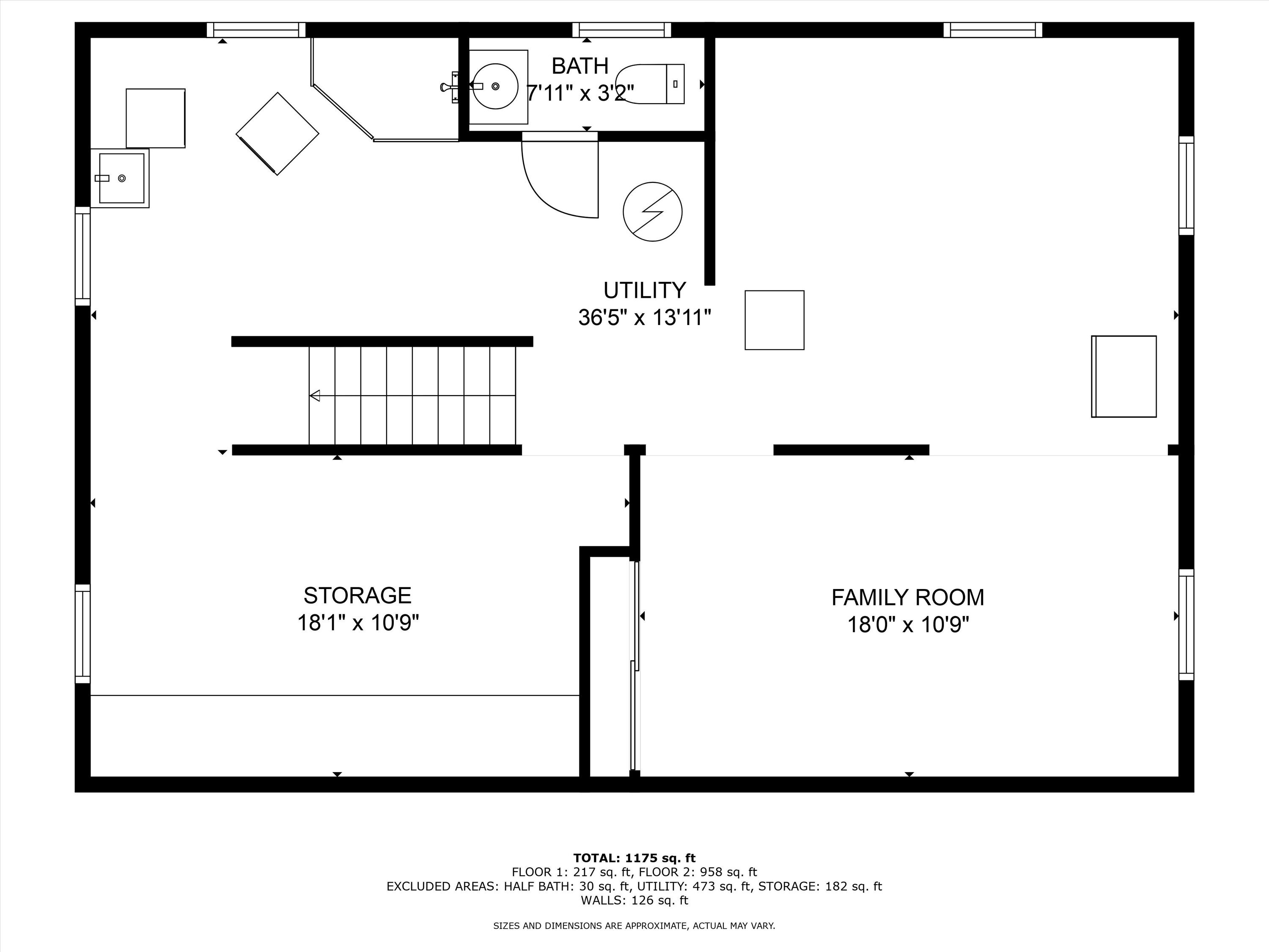 Floor plan showing a bath, utility area, storage room, family room, and staircase.
