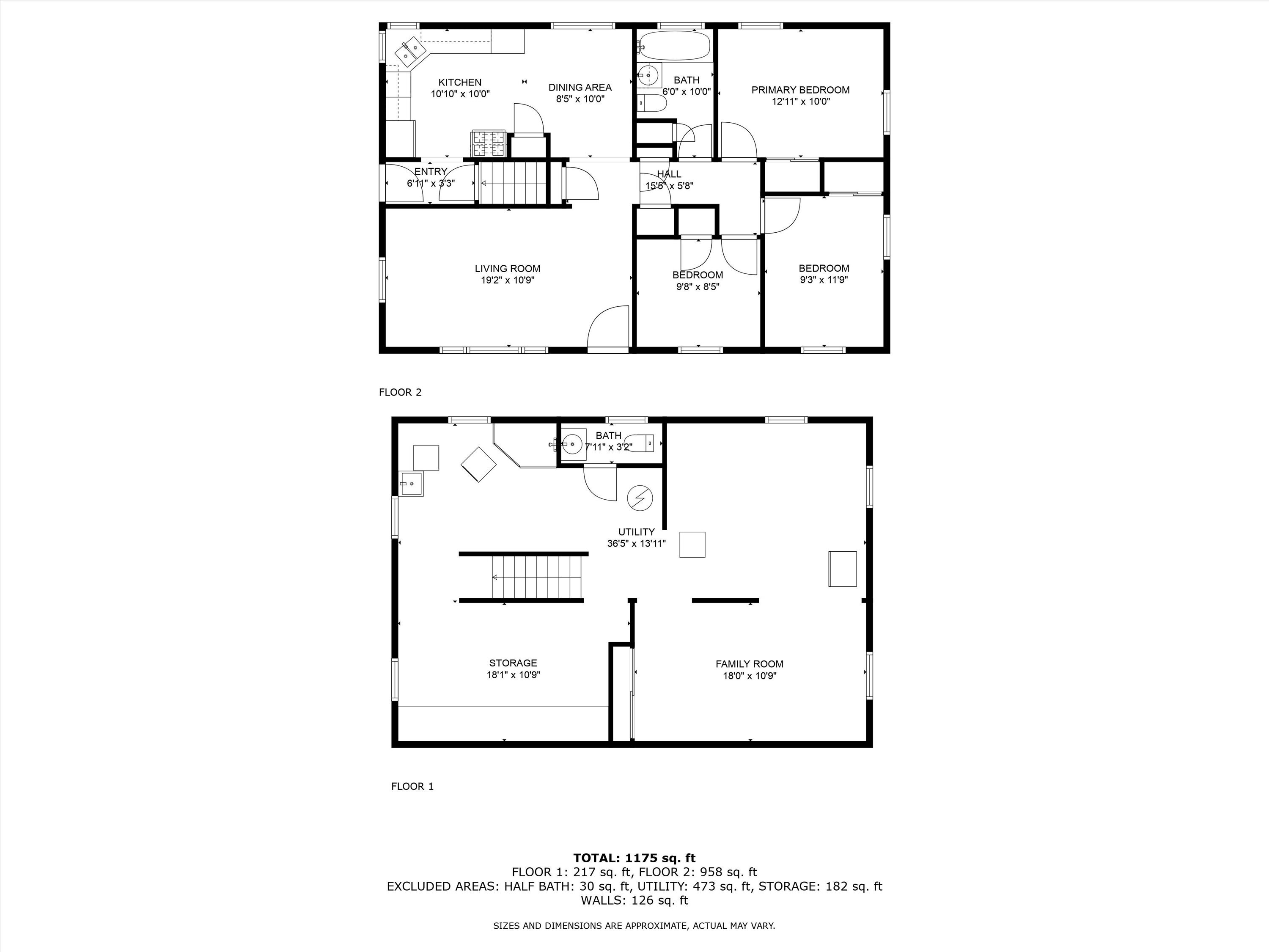 Two-level floor plan with three bedrooms upstairs and utility, storage, and family room downstairs.