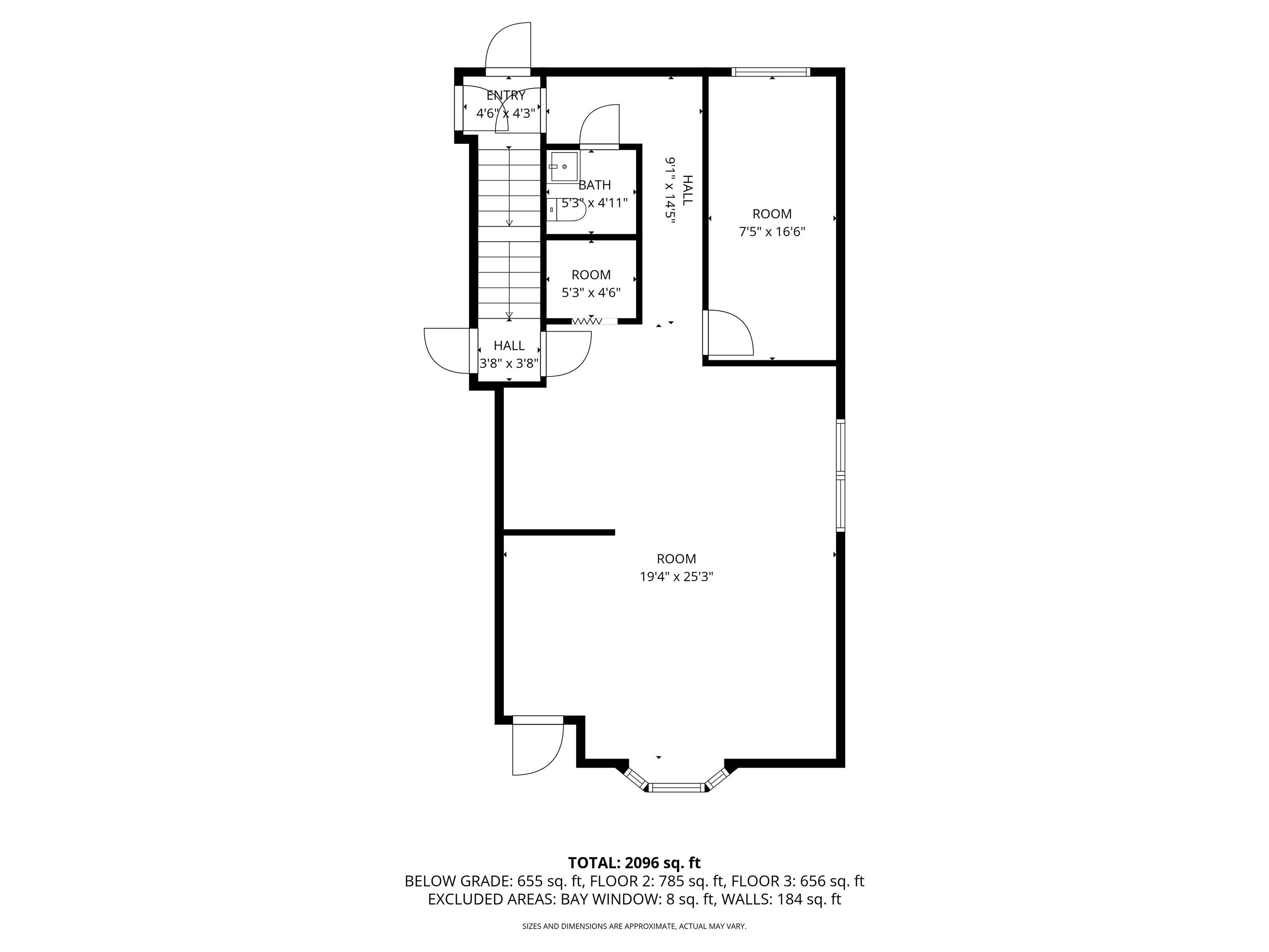 Floor plan showing entry, bath, halls, and rooms; total area is 2,096 square feet.