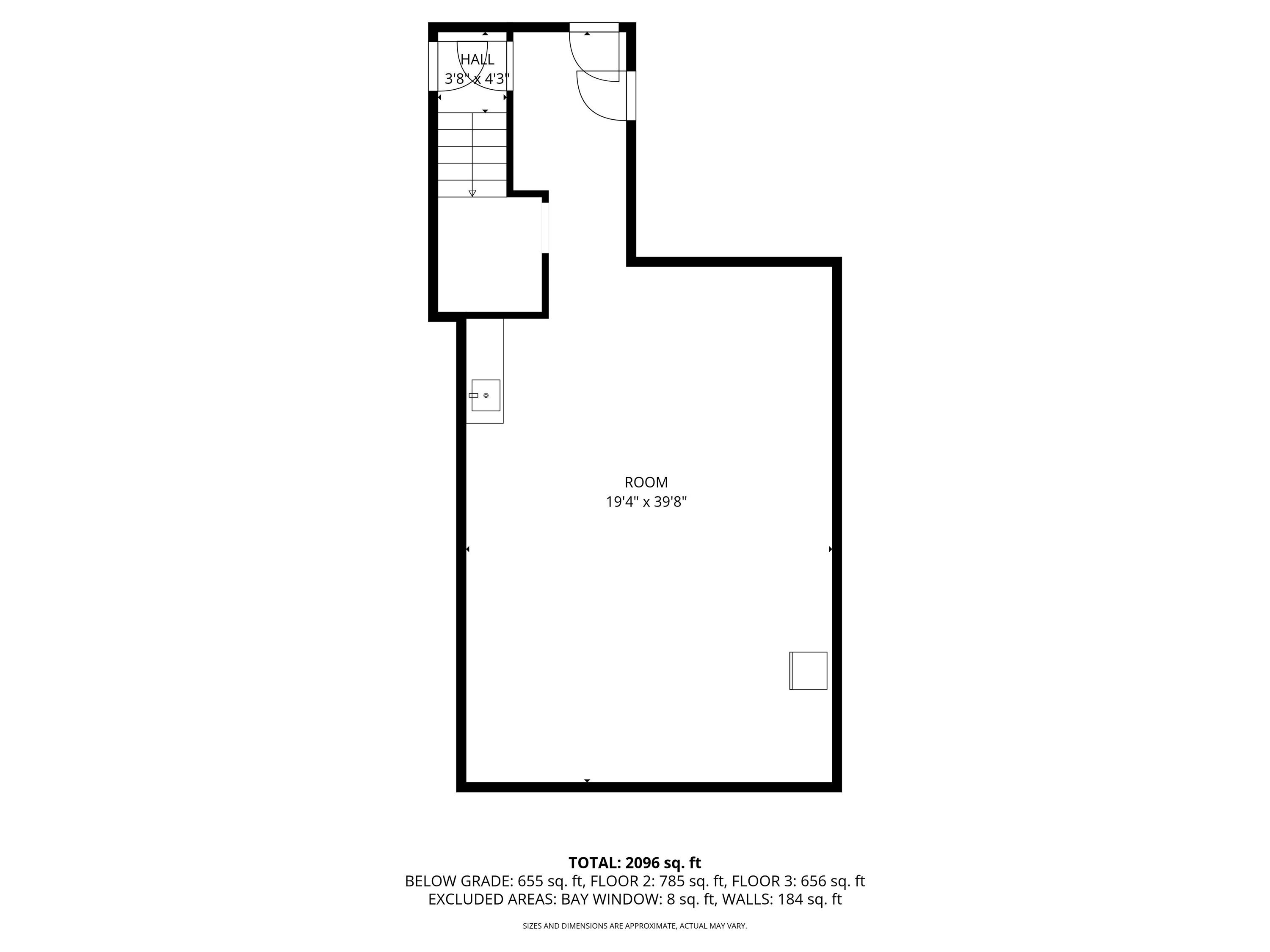 Floor plan with a large 19-by-39-foot room and total area of 2,096 square feet.