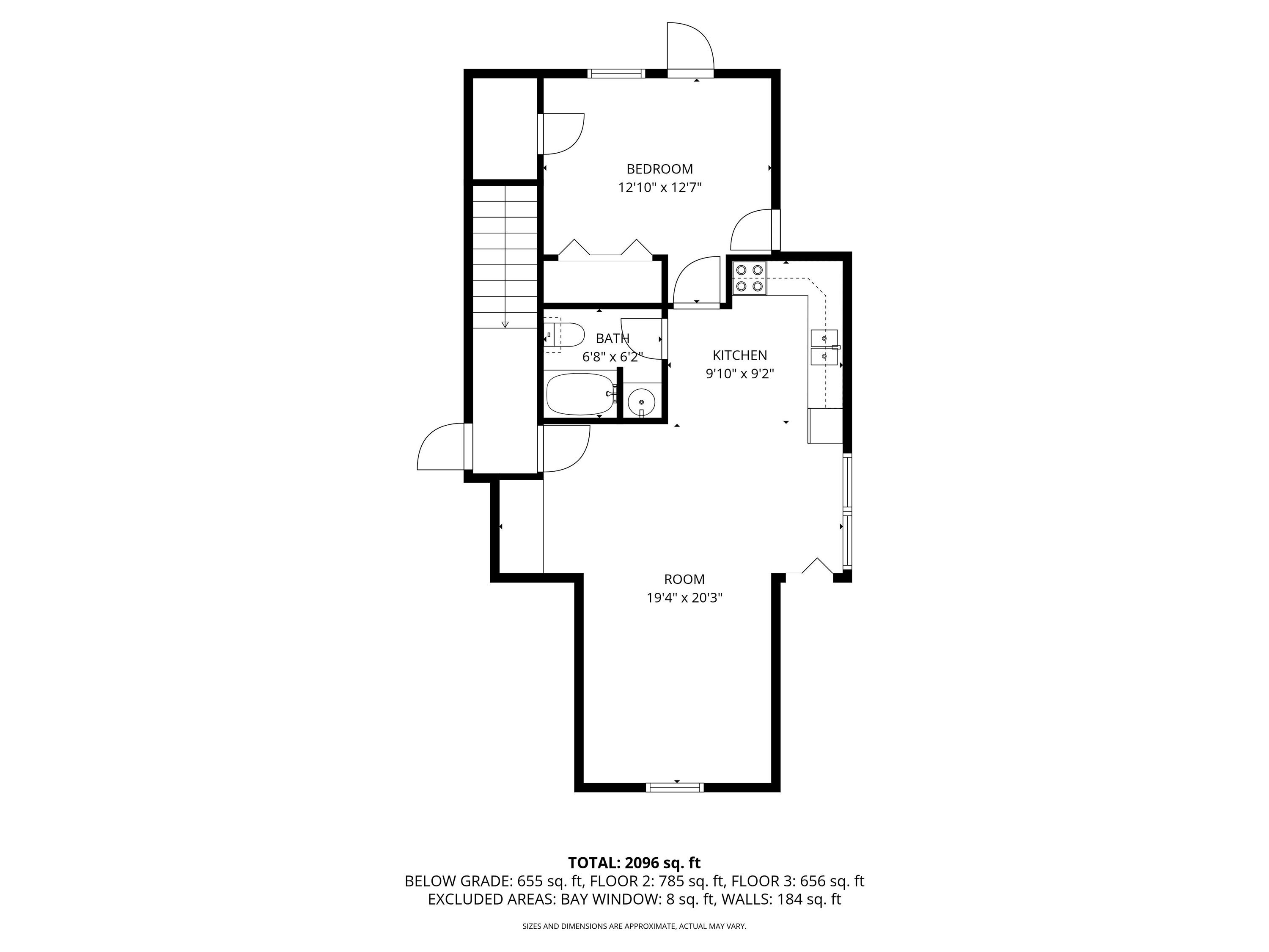 Floor plan showing a bedroom, kitchen, bathroom, and room with dimensions and total area.