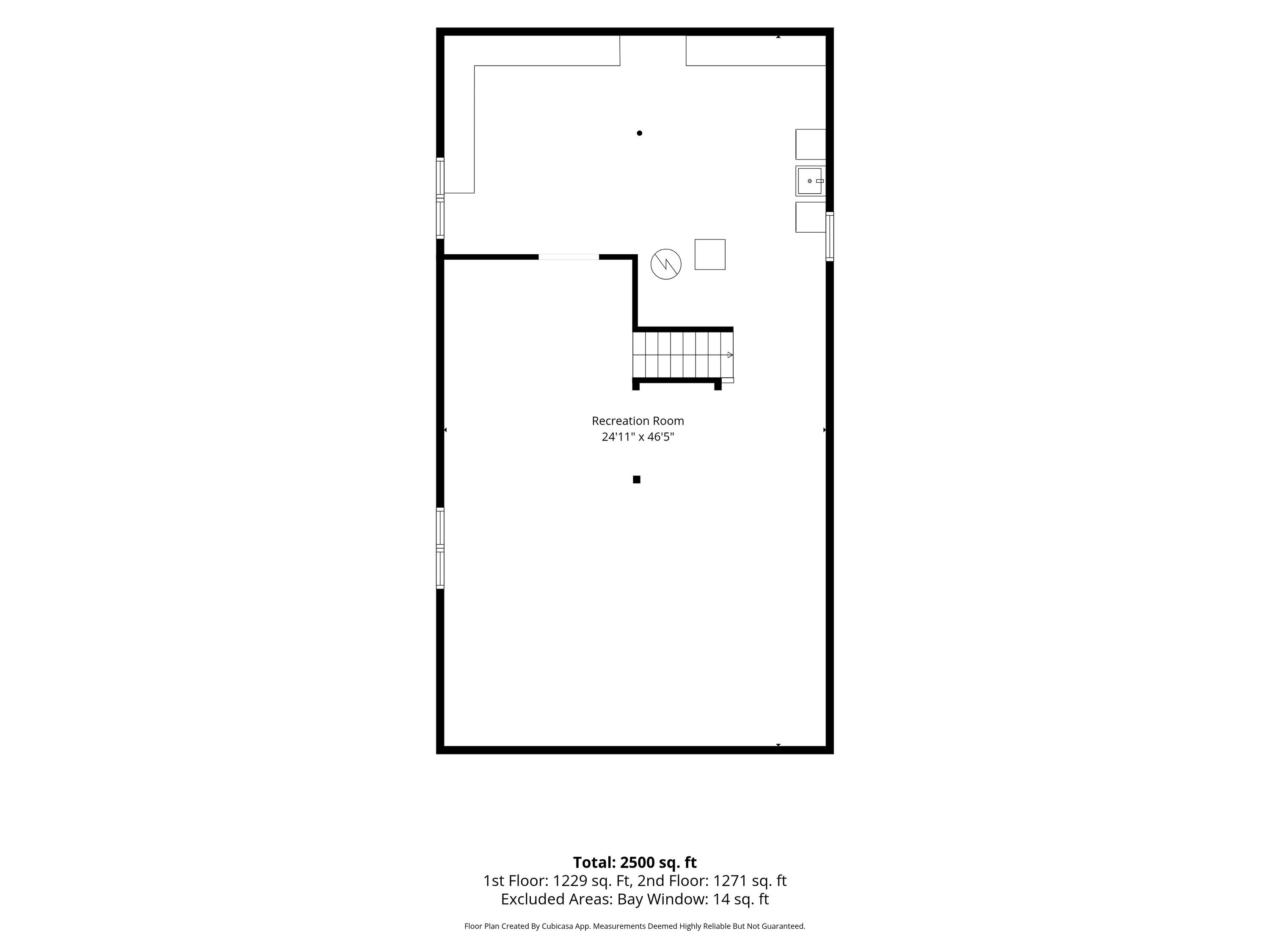 Floor plan showing a recreation room, stairs, and total area of 2,500 square feet.