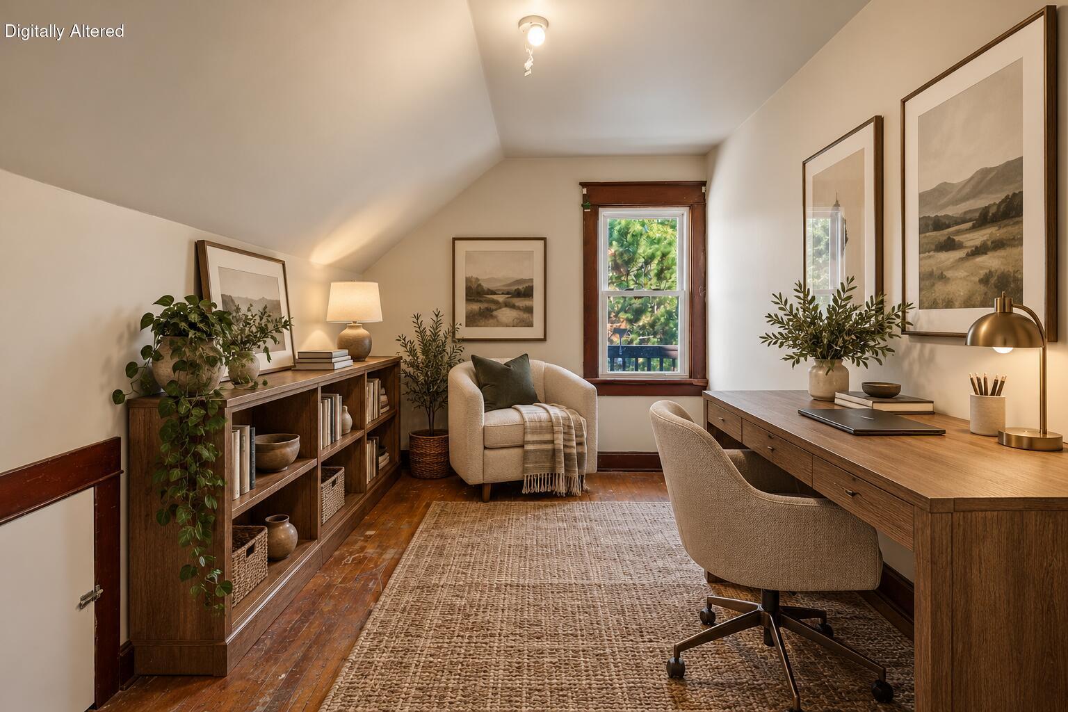 Staged attic office with a wood desk, built-in bookcase, and armchair beside a window.