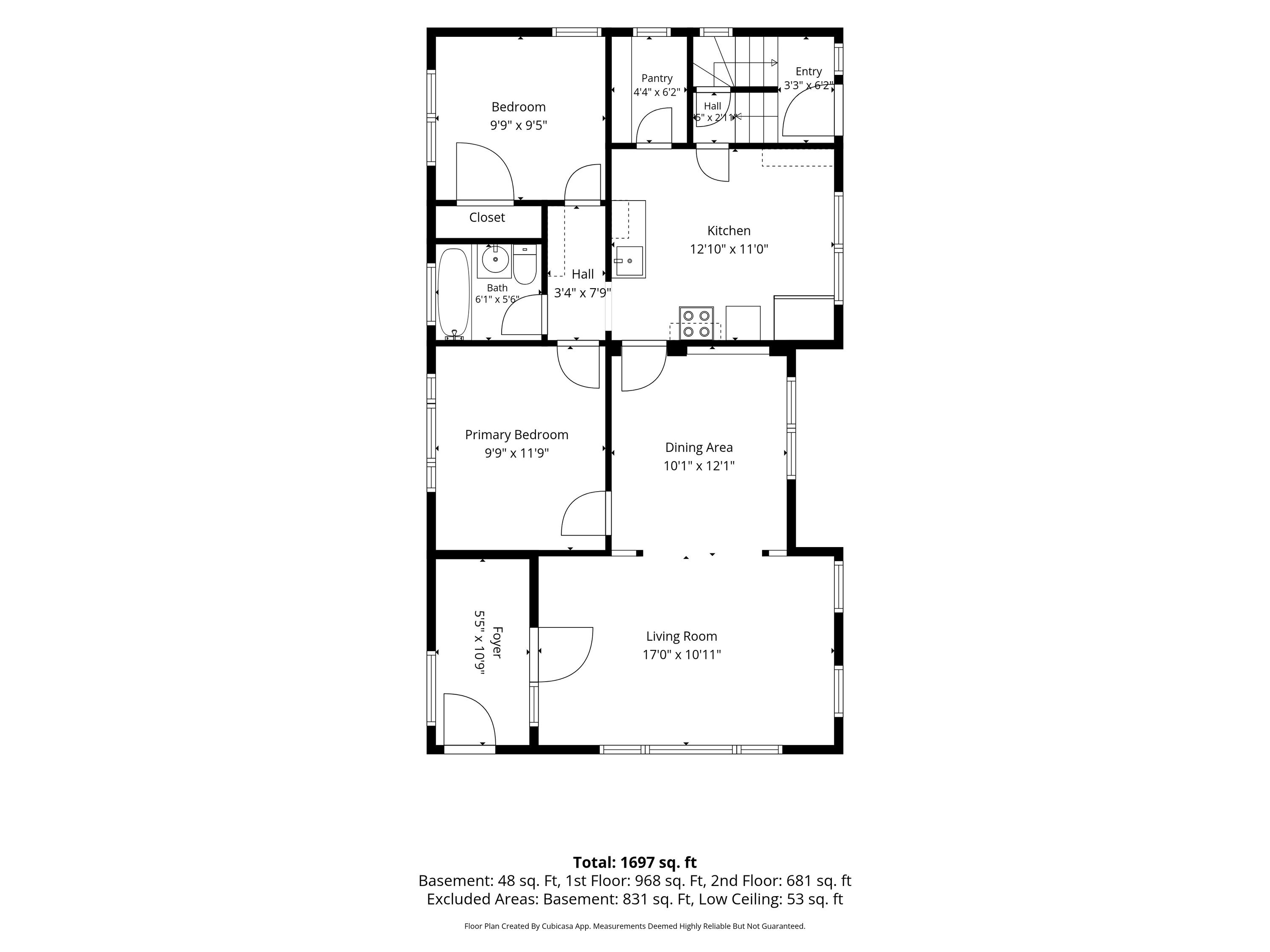 Floor plan showing two bedrooms, kitchen, dining area, living room, and foyer; total area 1,697 square feet.