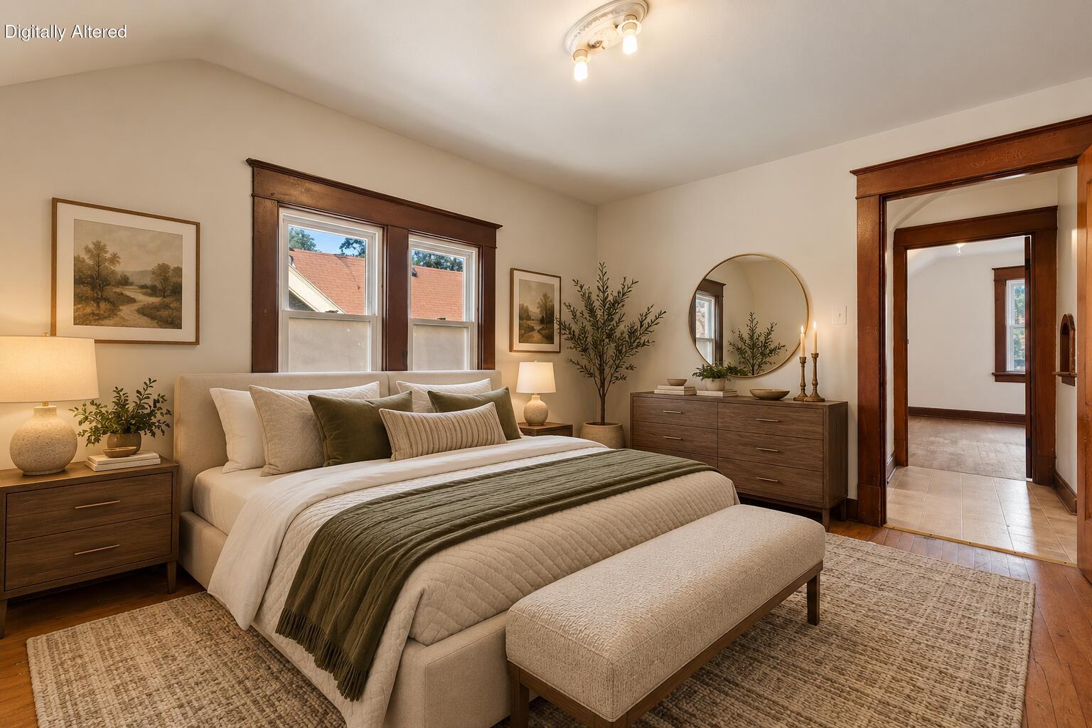 Staged bedroom with a large bed, dark wood trim, and a doorway to an adjoining room.
