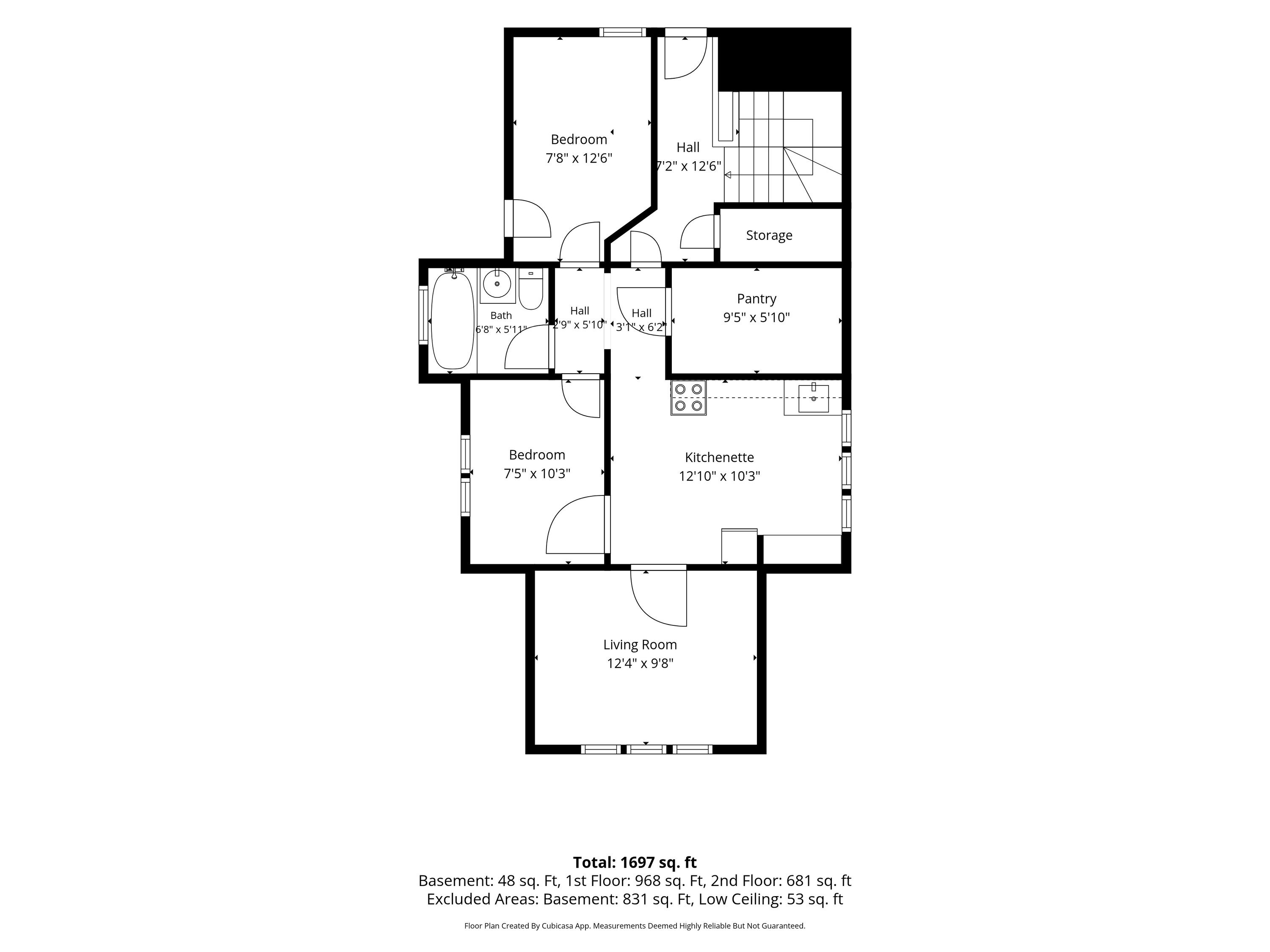 Floor plan showing two bedrooms, a bath, kitchenette, living room, pantry, storage, and stairs.