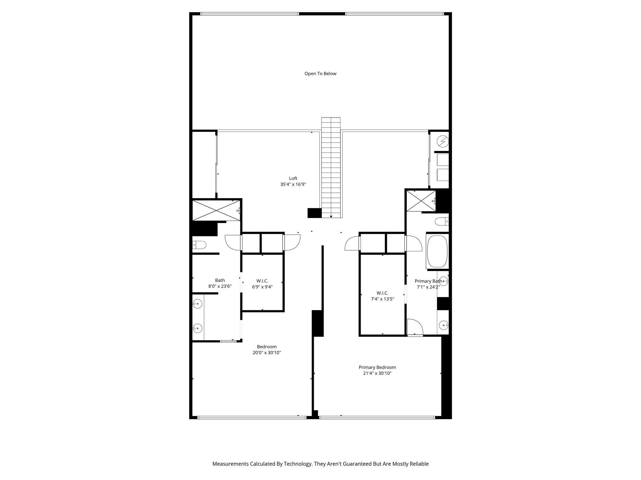 Second-floor floor plan showing a loft, two bedrooms, bathrooms, walk-in closets, and central stairs.
