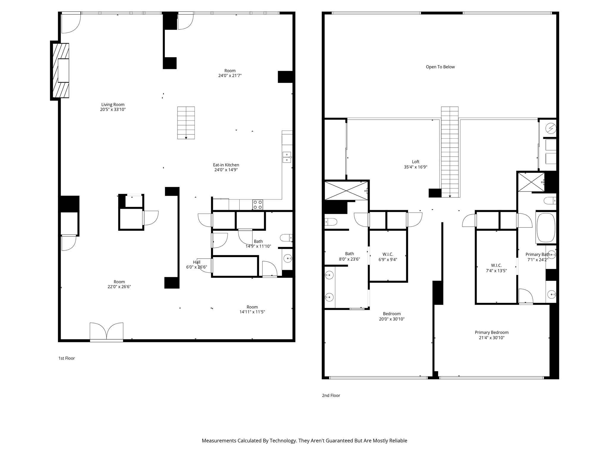 Two-story floor plan showing an eat-in kitchen, living room, loft, bedroom, and primary suite.