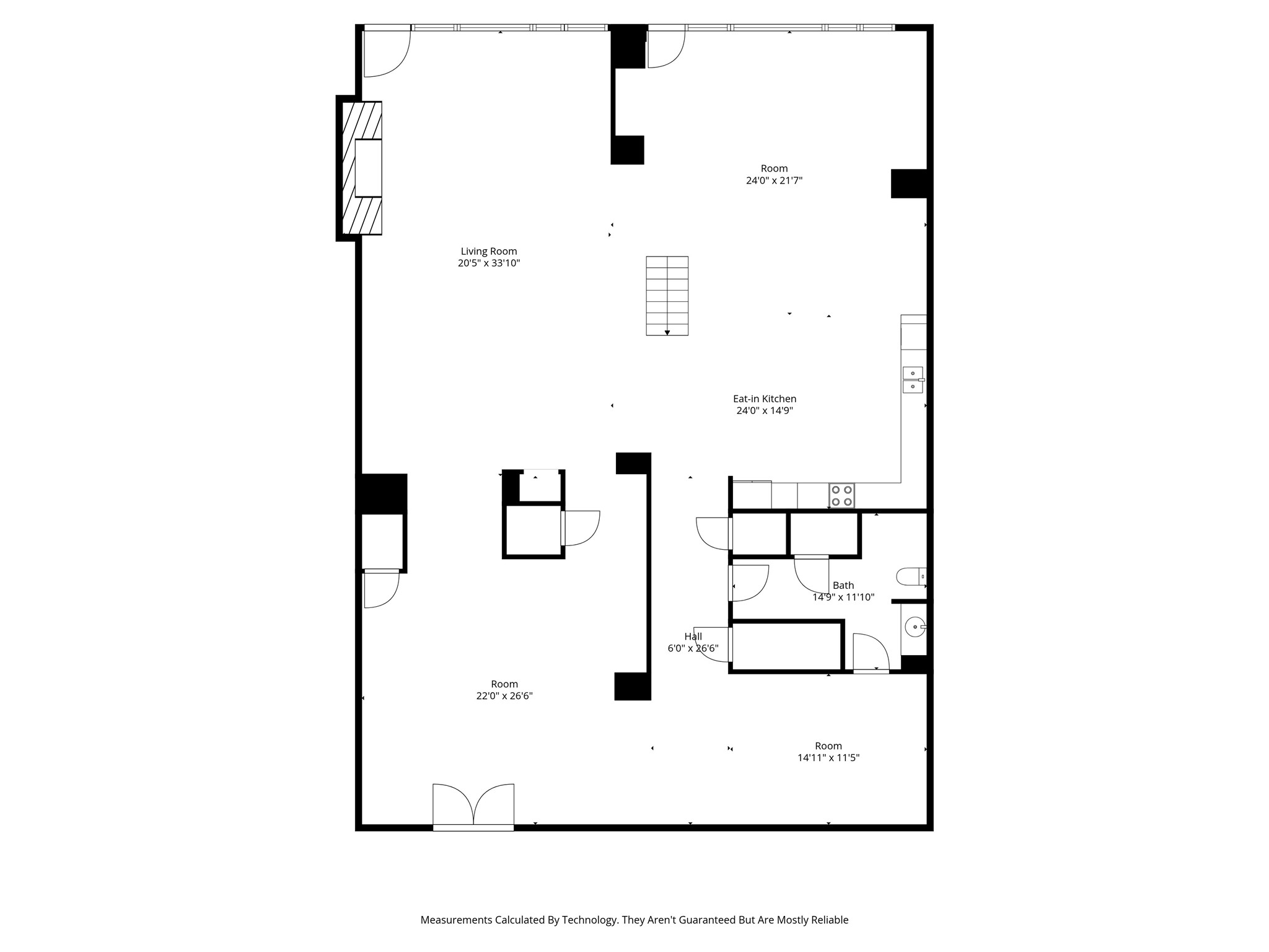 Floor plan showing a living room, eat-in kitchen, three rooms, a bath, and a hall with dimensions.