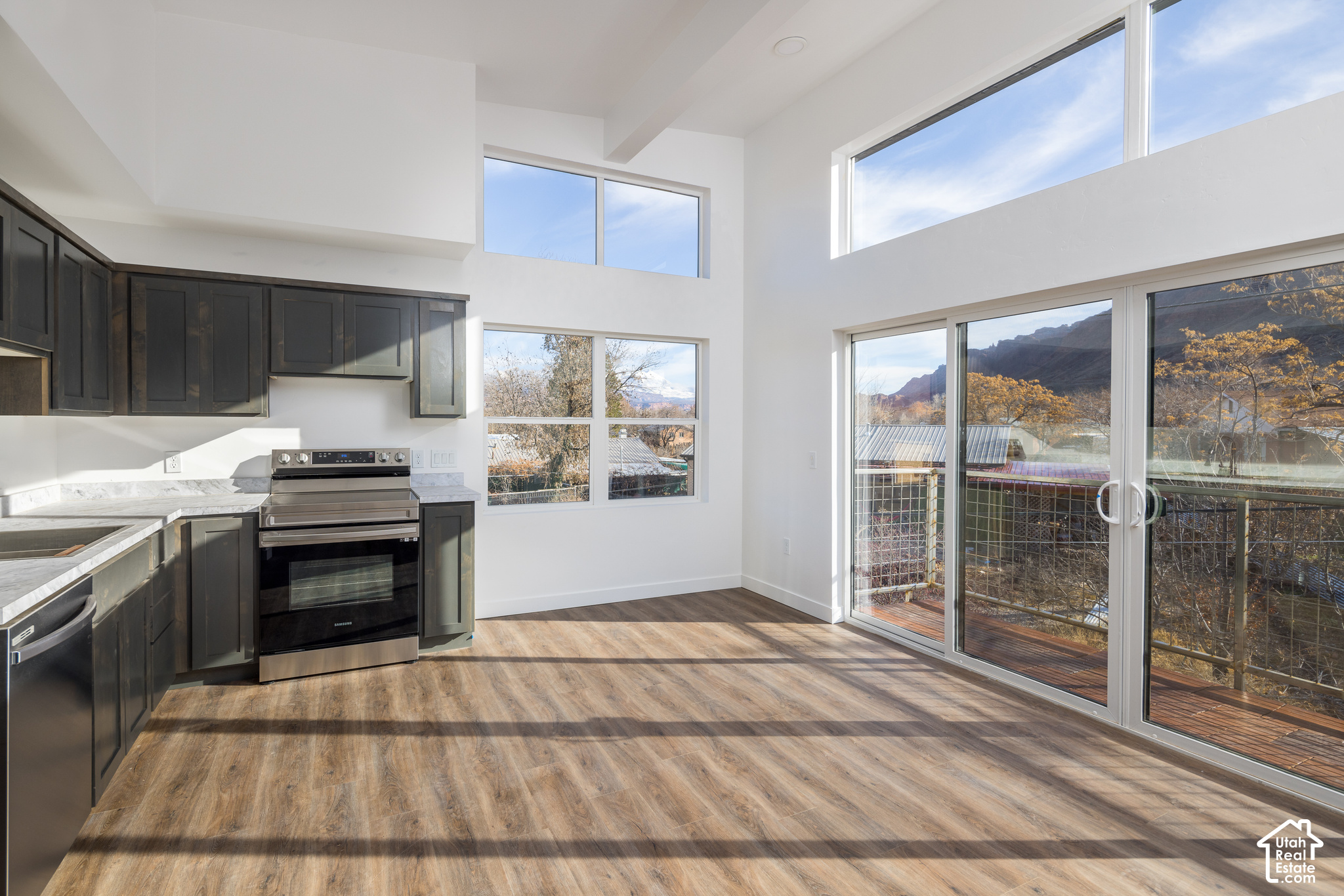 Kitchen with dark cabinets and stainless oven, opening to a balcony with mountain views.
