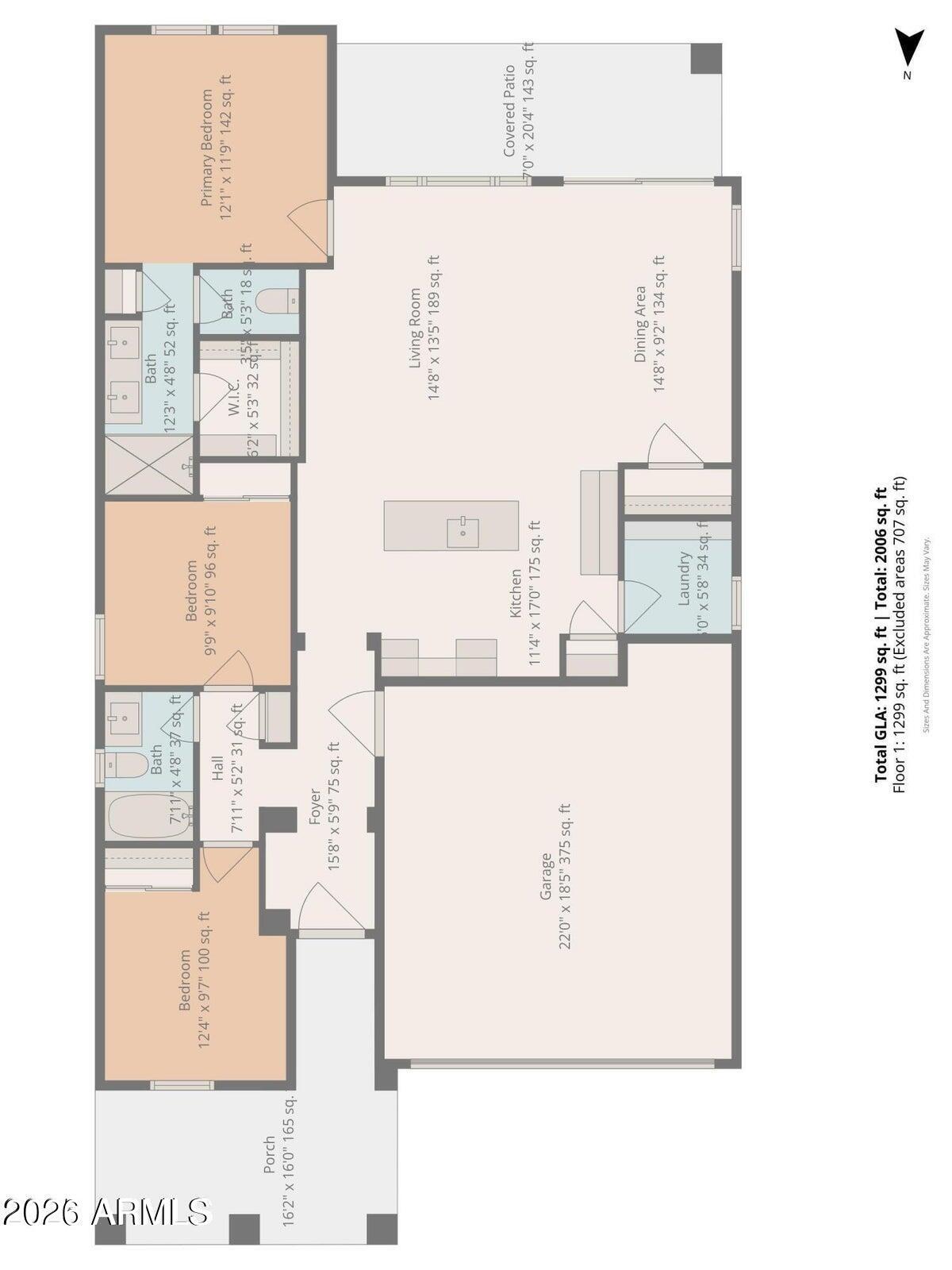 Floor plan showing three bedrooms, living and dining areas, kitchen, garage, covered patio, and porch.