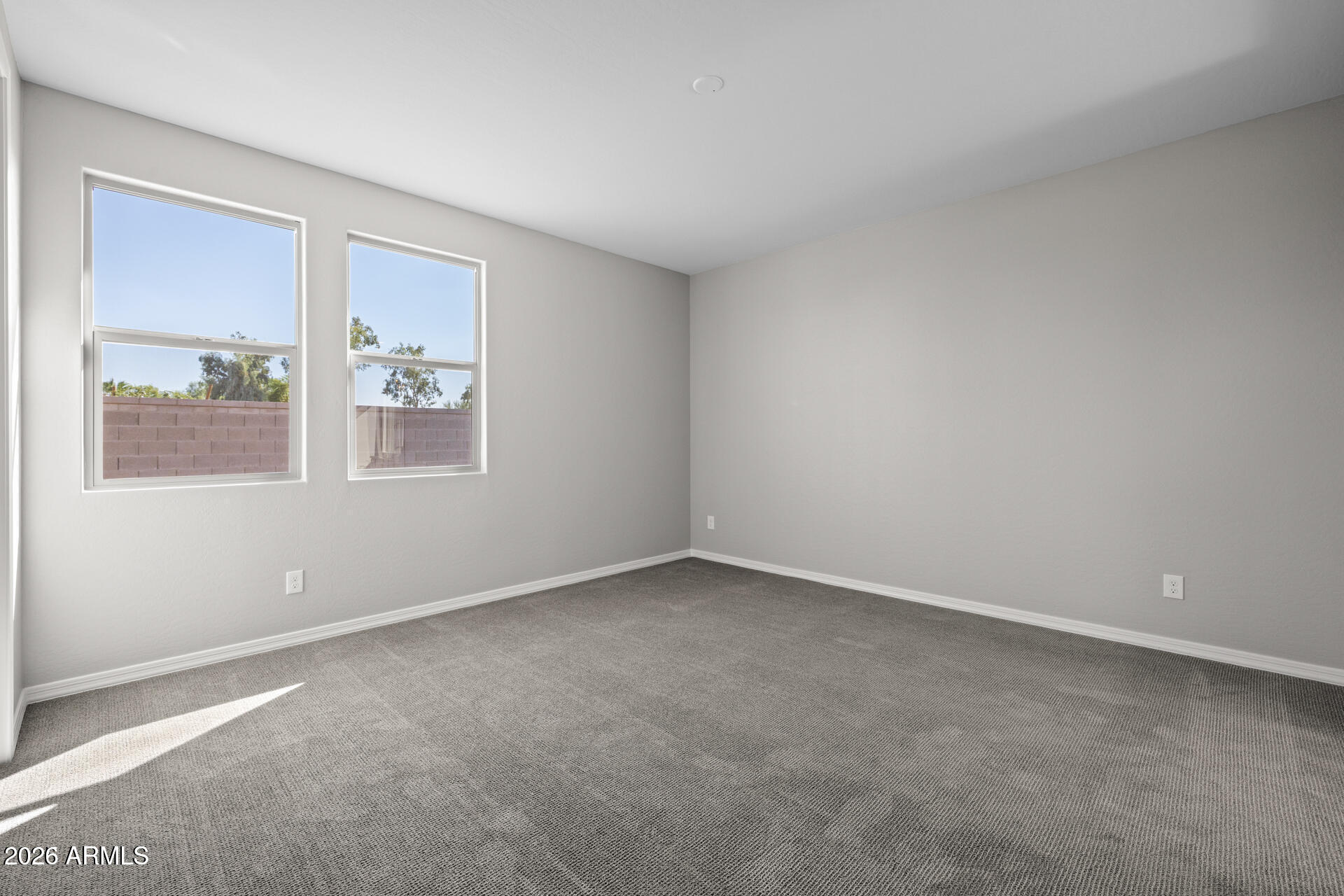 Empty carpeted bedroom with two windows and sunlight across the floor.