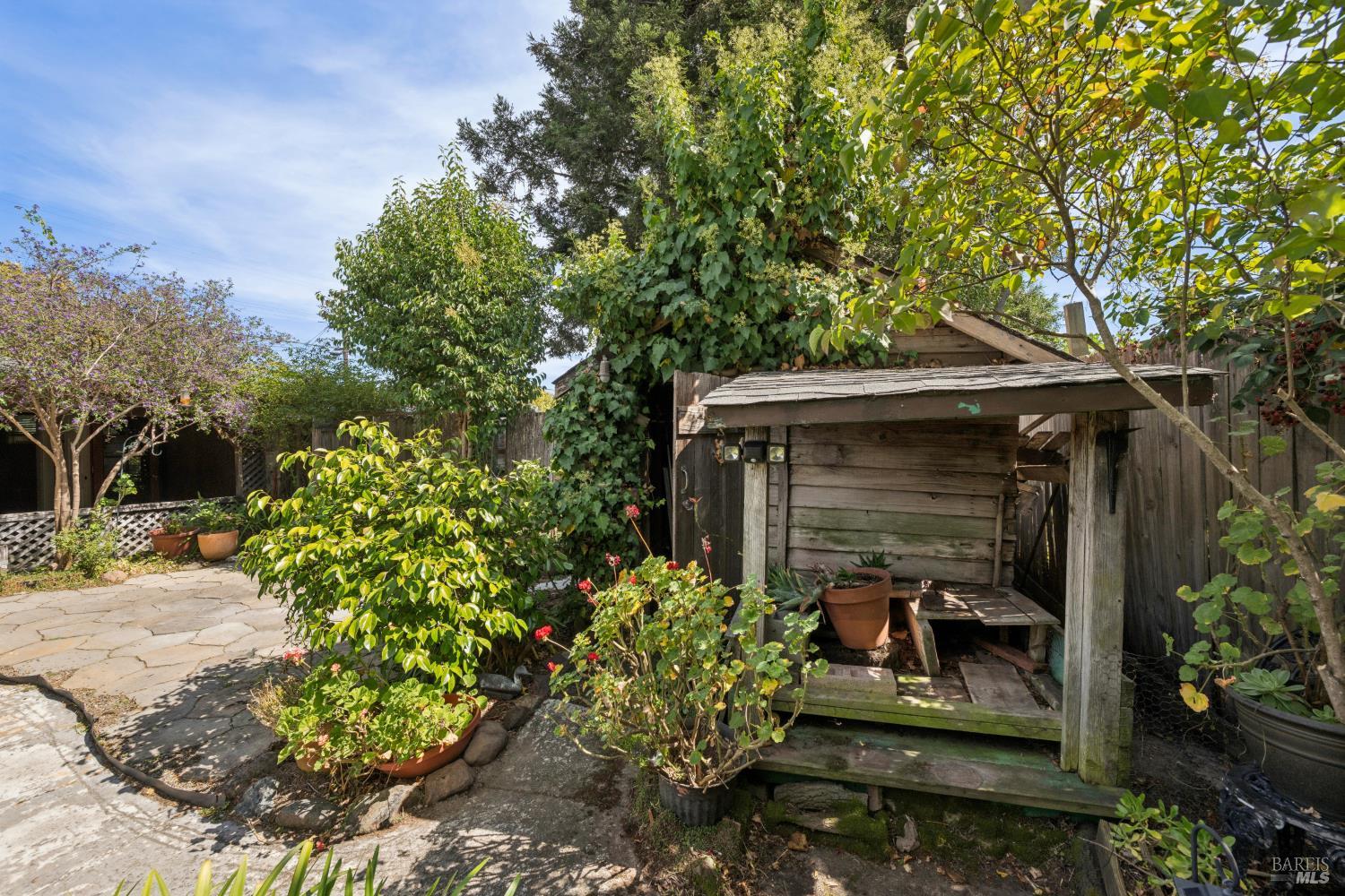 Backyard garden patio with a stone path, flowering plants, and a weathered wooden shelter.