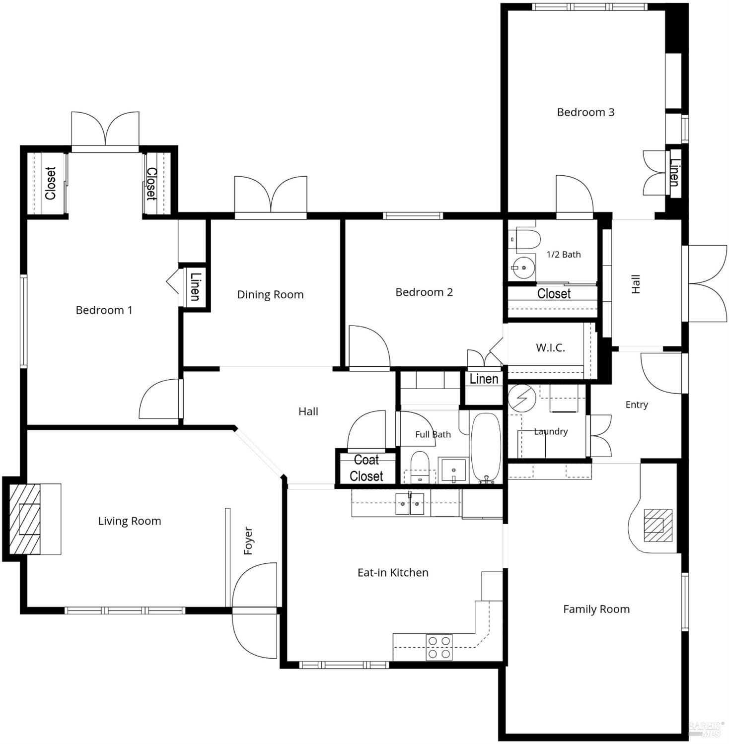 Floor plan of 412 Cortez Drive with three bedrooms, two bathrooms, and separate living and family rooms.