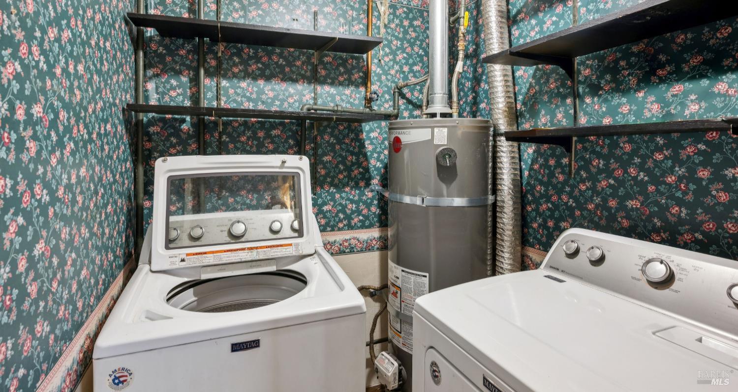 Laundry room with Maytag washer and dryer, water heater, and dark floral wallpaper.