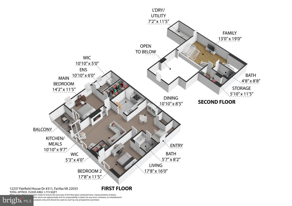Two-level floor plan showing furnished room layouts and dimensions for a Fairfax home.