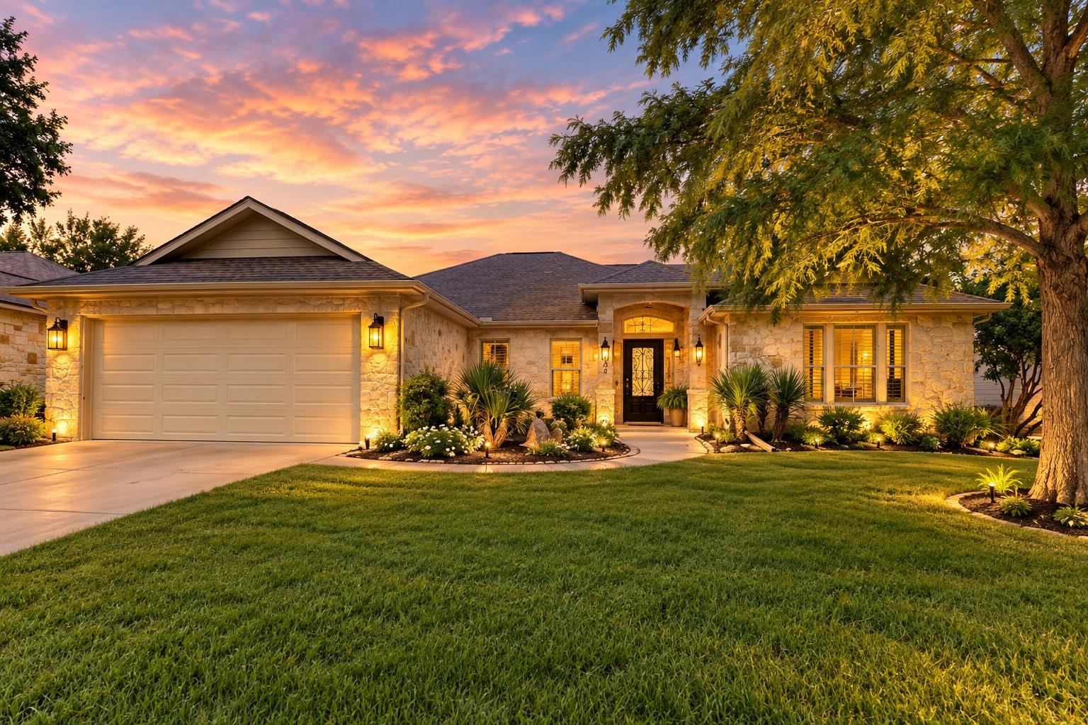 Stone-front single-story home with a two-car garage and illuminated landscaping at dusk.